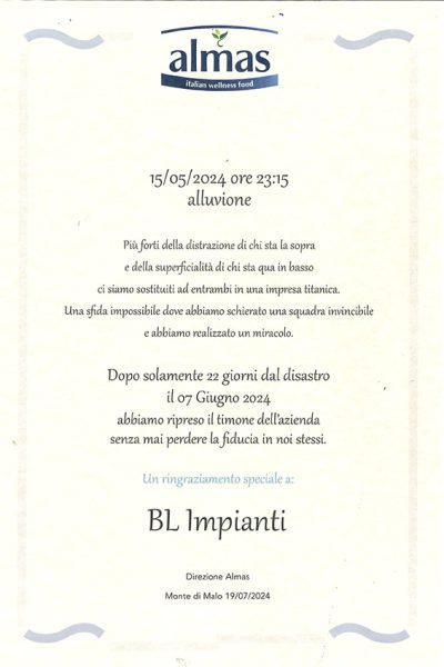 Certificato di riconoscimento dedicato a BL Impianti
